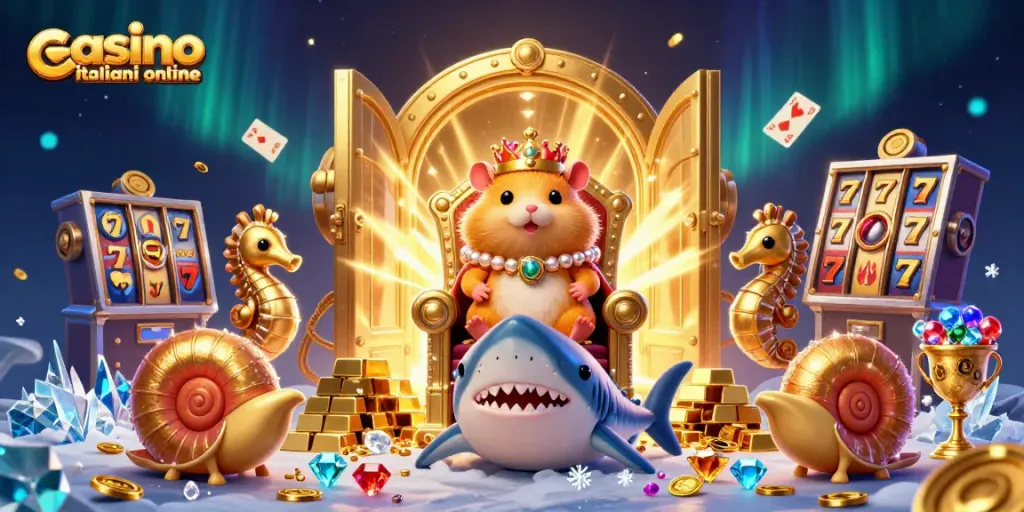 Gioca nei migliori casino italiani online con il re dei criceti, ricchezze e slot machine in un'illustrazione dinamica
