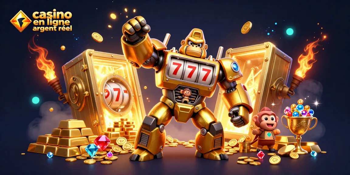 Jouez dans un casino en ligne argent réel avec cette illustration dynamique montrant un gorille mécanique doré.