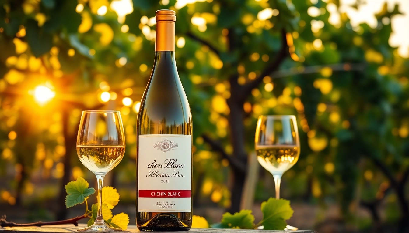 Indulge in Chenin Blanc wine featured in a vineyard, capturing its elegance and inviting atmosphere.