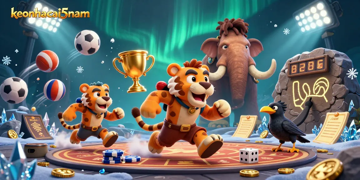 Bet big with keonhacai5nam in a lively prehistoric casino, featuring cartoon characters and vibrant game elements.