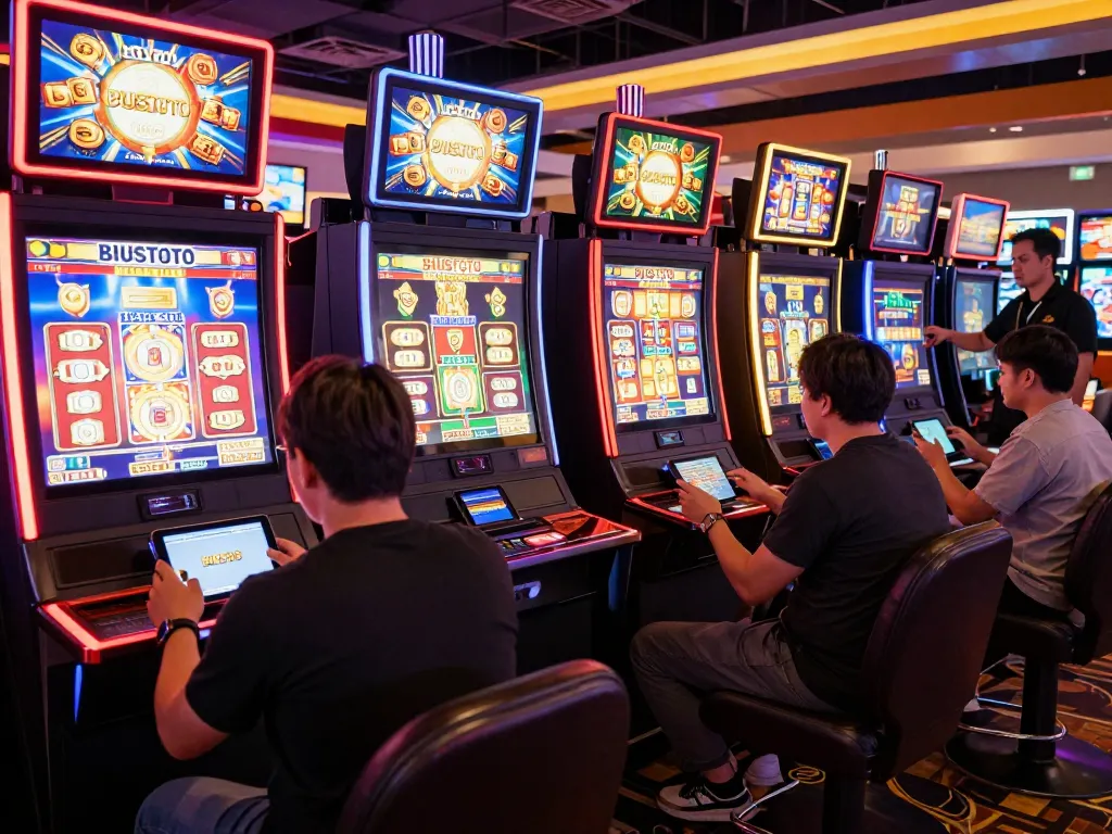 Exciting gaming experience at BIUSTOTO's online slot machines with vibrant colors and engaging players.