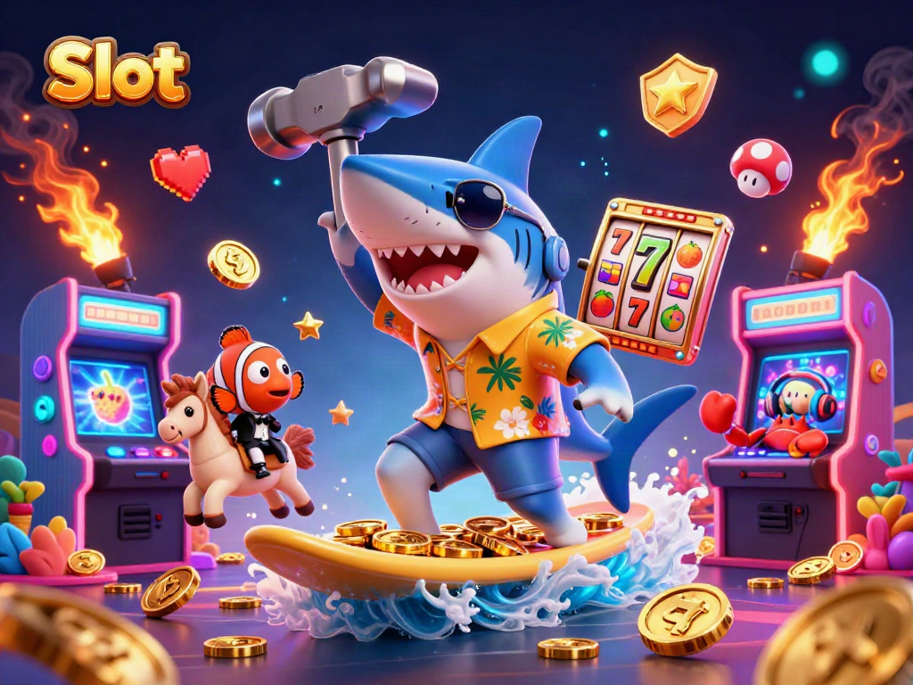 Spin Slots with vibrant 3D characters like a shark and coins, showcasing dynamic action.