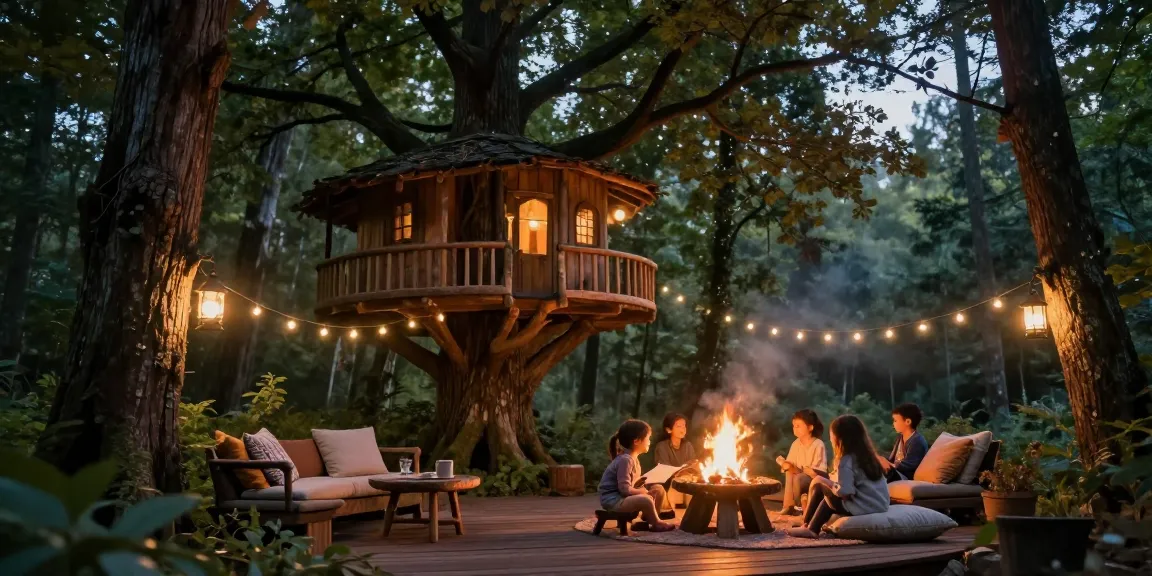 Charming treehouses in a serene forest setting, family enjoying stories by firelight.