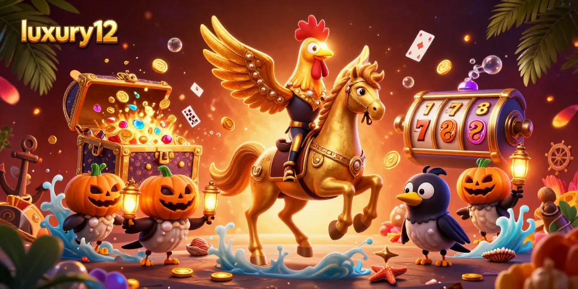 Experience the thrill of luxury12 with vibrant casino action featuring a golden rooster, treasure chests, and slot reels.