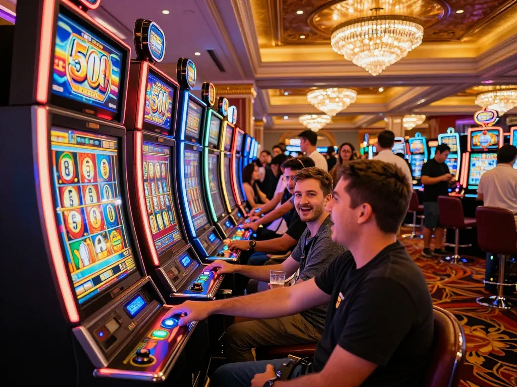 Player taking a thrilling slot bet 50 on colorful machines at a vibrant casino.