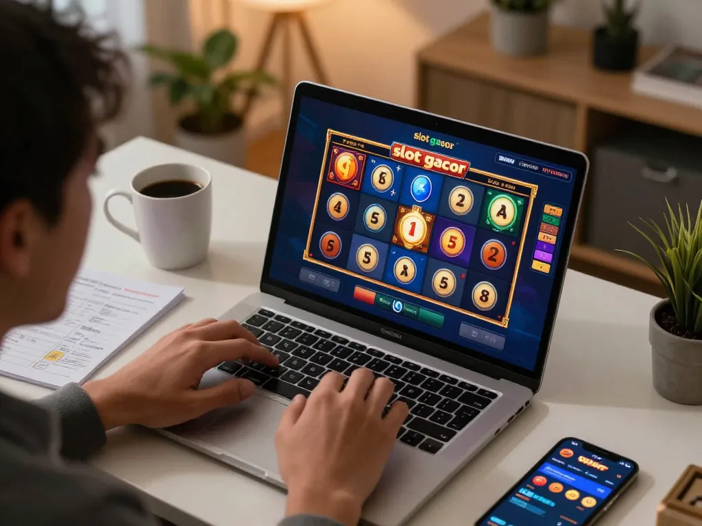 Pemain menikmati permainan slot gacor yang mendebarkan di rumah dengan laptop, catatan strategi terlihat.