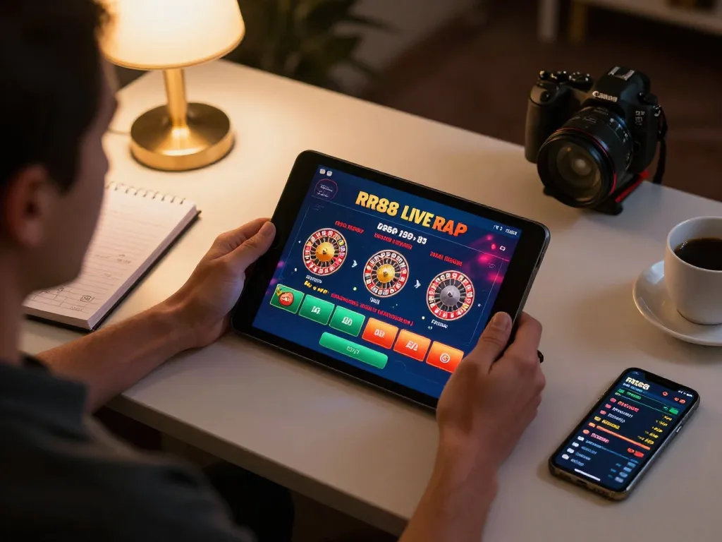 Enjoying live dealer games on RR88 with tablet in modern gaming setup