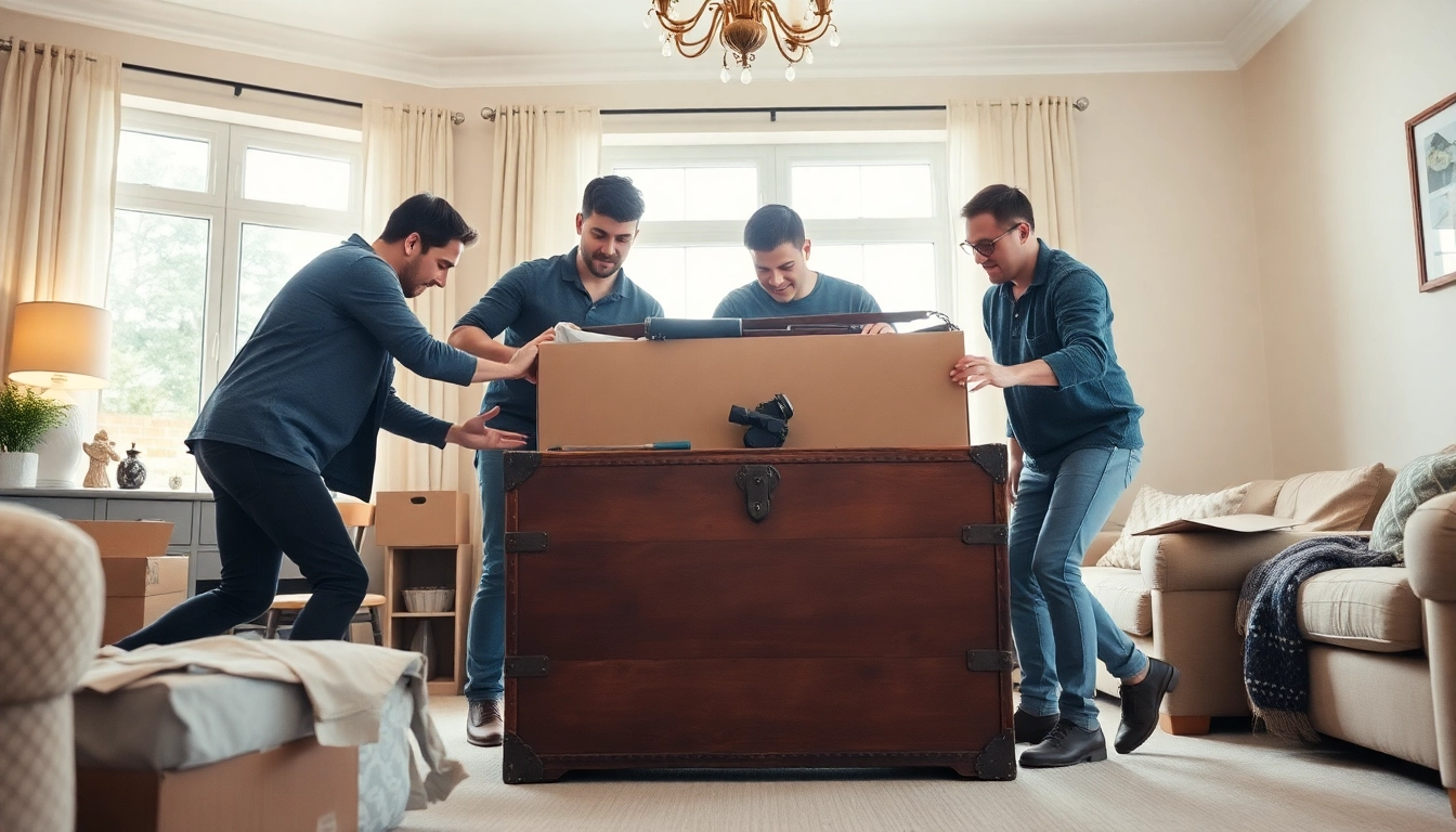 Dynamic team of a removals company cheltenham packing items in a cozy home setting.