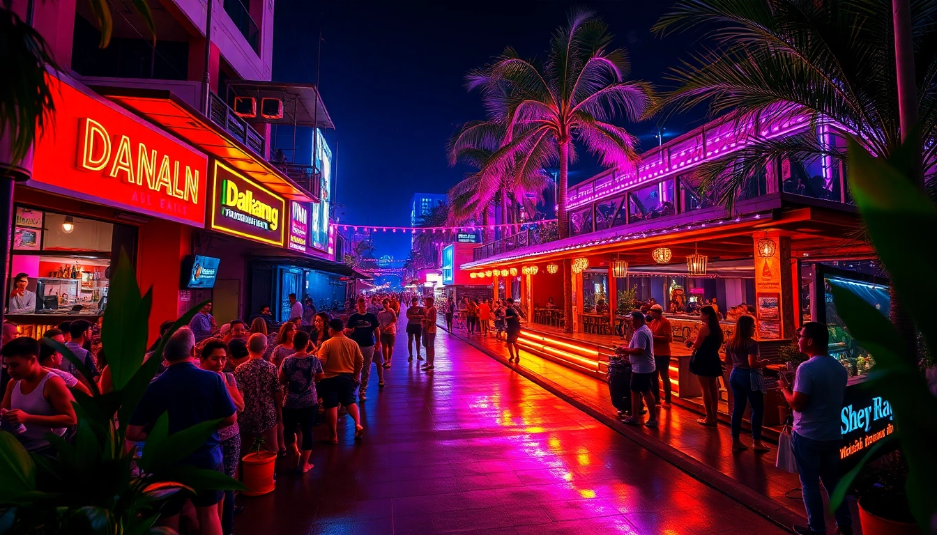 Engaging nightlife scene in Danang, capturing the essence of 다낭밤문화 with vibrant bars and lively crowds.