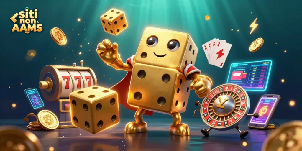 Gioca in siti non AAMS con una rappresentazione 3D di un golem di dadi d'oro e simboli del casinò.