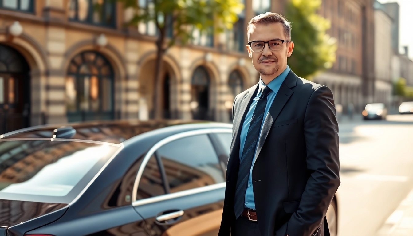 Luxury Chauffeur Hire Nottingham service with professional driver beside an executive car.