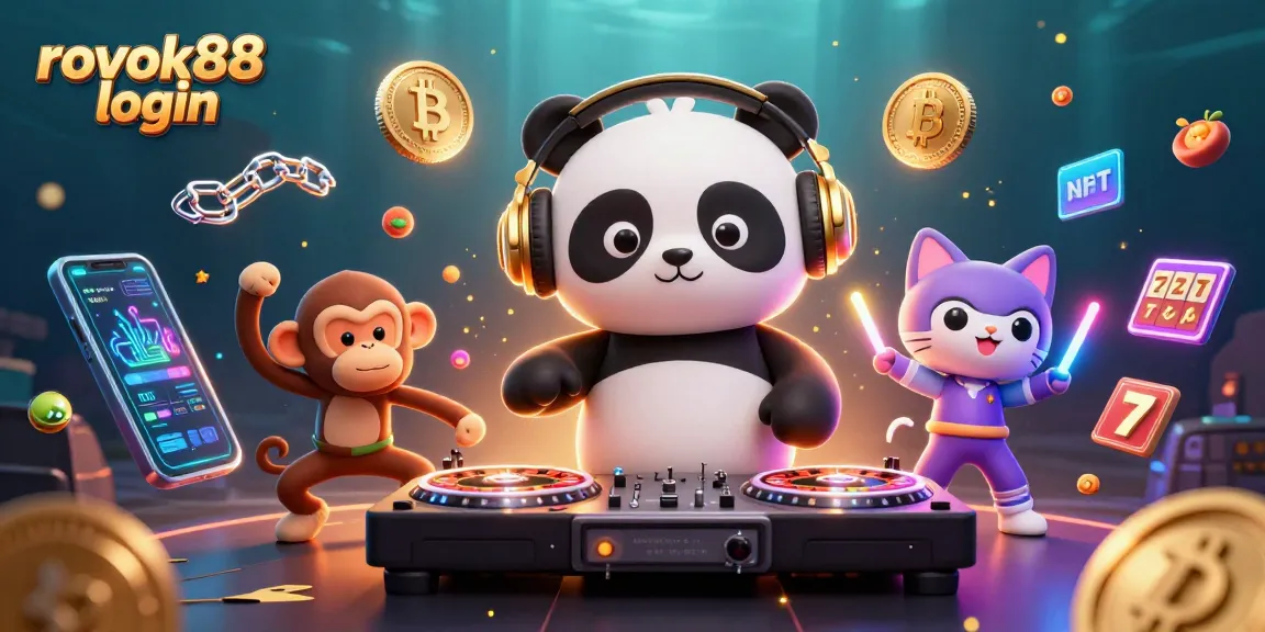 Join the action with rokok88 login featuring a DJ panda, breakdancing monkey, and glowing kitten at a vibrant casino scene.
