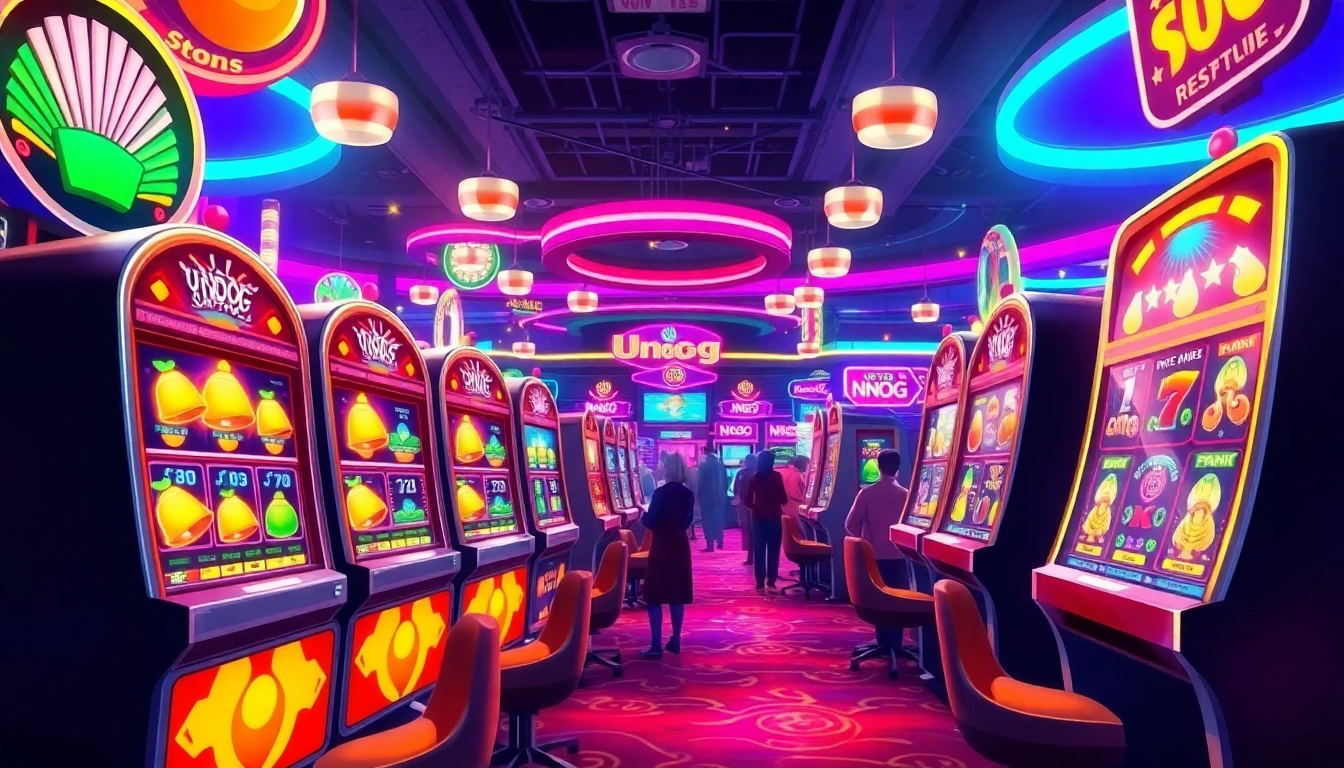 Rasakan keseruan Unogg slot game dengan mesin slot yang berwarna-warni dan suasana kasino yang meriah.
