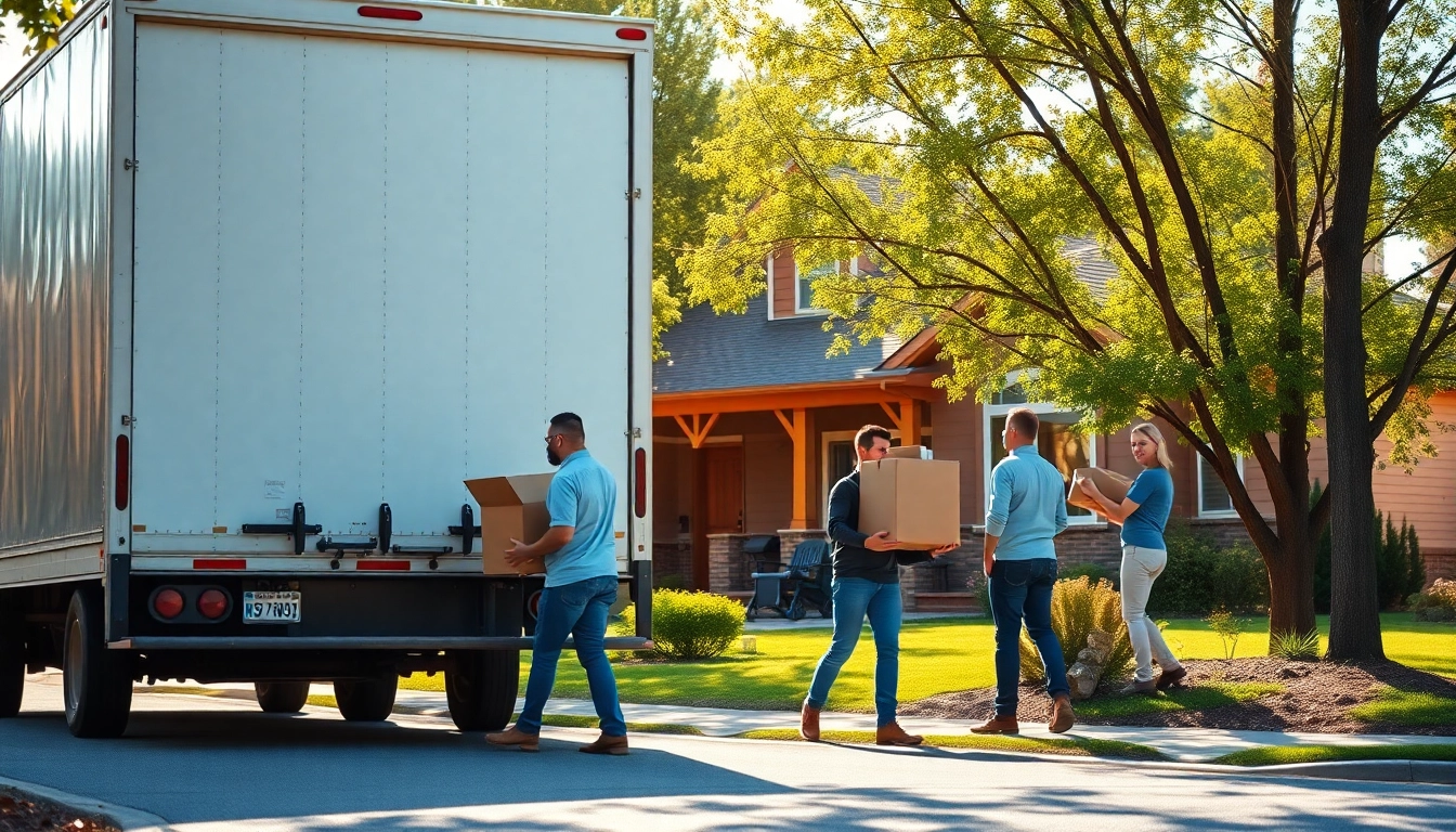 Local moving companies helping a family in a suburban neighborhood during their move.