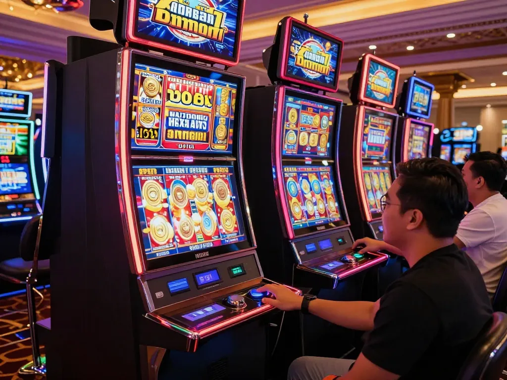 Players enjoy slot gacor malam ini at a lively casino, pressing buttons on colorful machines.