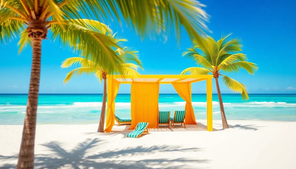 Relax in a coastal cabana with palm trees and a beautiful beach view.