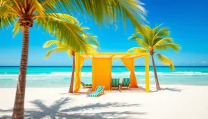 Relax in a coastal cabana with palm trees and a beautiful beach view.