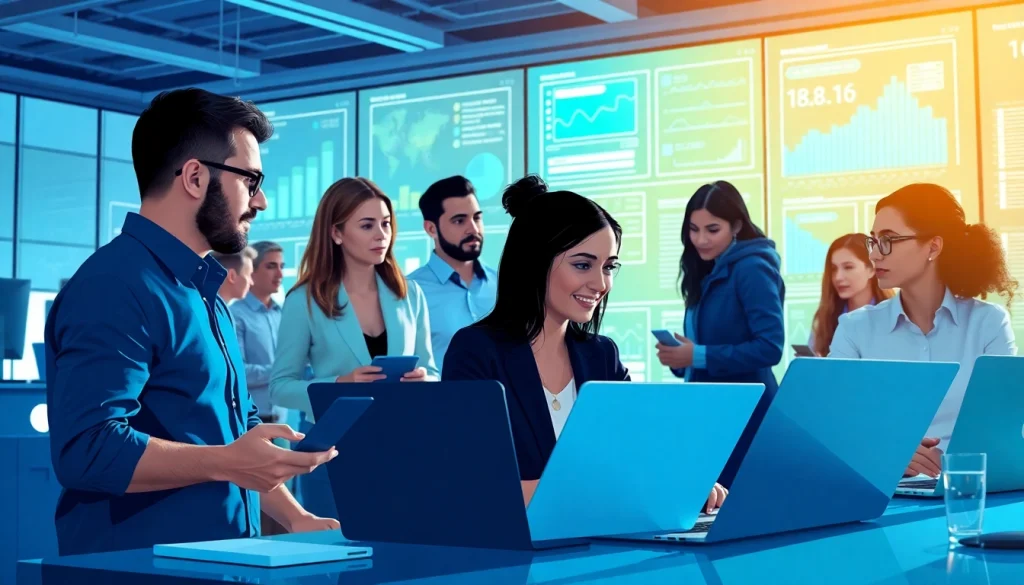 Technology professionals collaborating in a modern workspace using advanced tools.