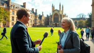 Capture the essence of local news reporting at https://diknews.co.uk/cambridge-news/ with a vibrant interview scene in Cambridge.