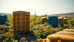 Colmenas de plástico bien organizadas en un paisaje natural, destacando su durabilidad y eficiencia.