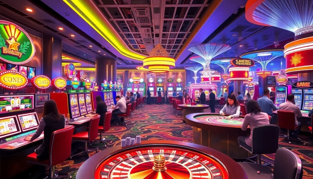 Experience the vibrant gambling world of KJC AC 1 with players enjoying casino tables and slot machines.