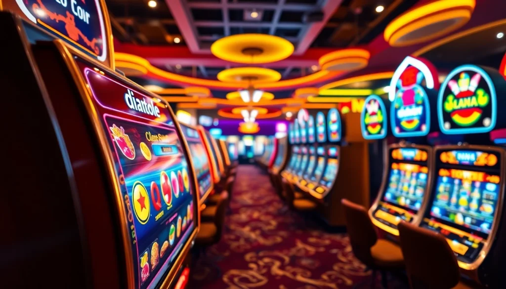 Permainan diantogel slot yang menarik dengan simbol berwarna cerah pada mesin slot.