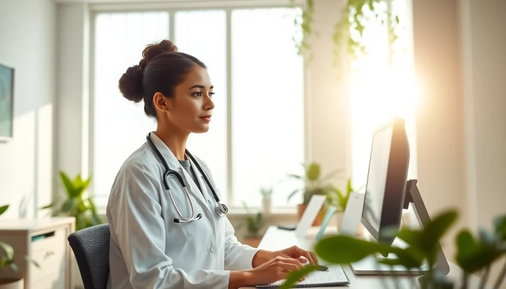 Promoting Health in a serene clinic setting with a calming atmosphere and professional demeanor.