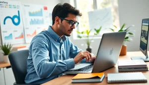 Visualizing thin content recovery through a professional SEO specialist analyzing data on a laptop in a bright workspace.