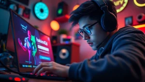 Masuk ke hakim4d login game dengan gamer fokus di laptop dalam suasana gaming yang cerah.