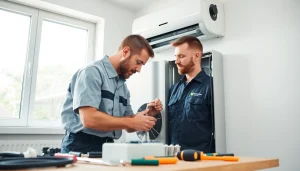 Technician reviewing heating systems at https://nobleheatingairservices.com with professional detail in a bright setting.