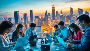 Showcase of technology companies collaborating in a vibrant urban environment.