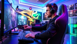 Login lapak303 game menunjukkan gamer profesional di ruang permainan yang modern.