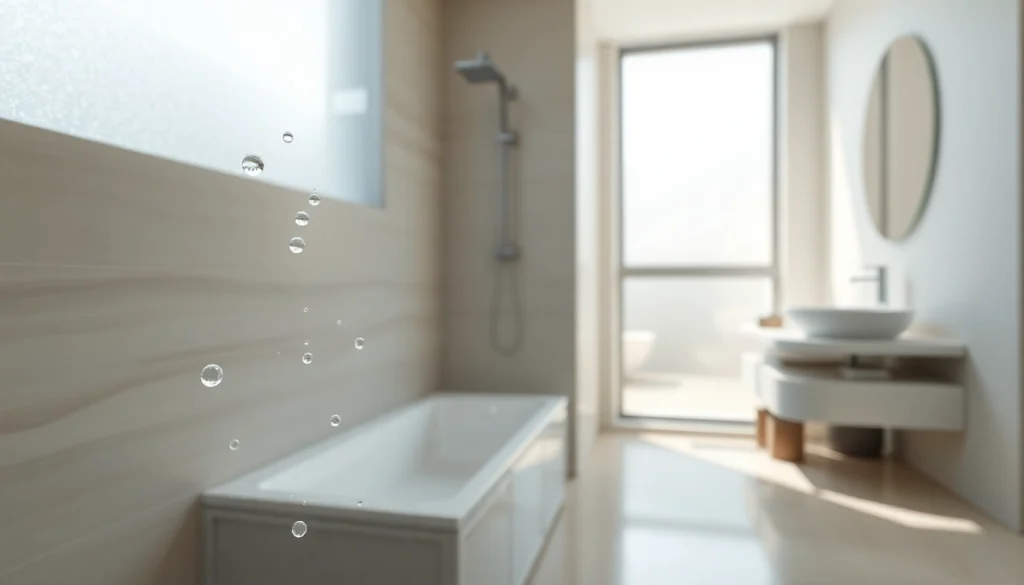 Paroi de douche moderne et élégante laissée dissimulée derrière des gouttes d'eau.