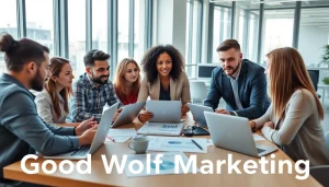 Highlighting teamwork in Good Wolf Marketing through a dynamic office collaboration scene.