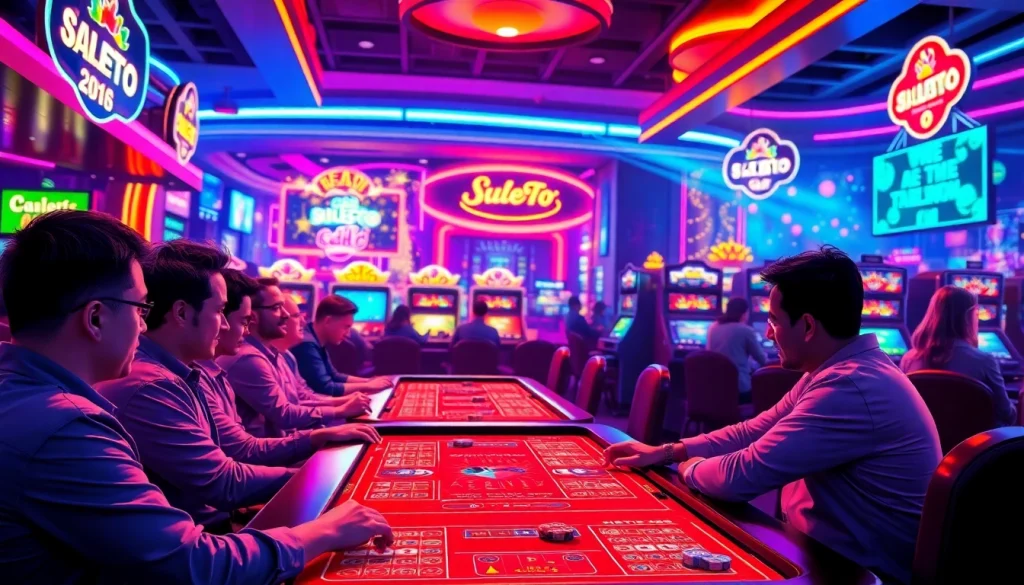 Menampilkan para pemain yang bersemangat dalam permainan suletoto alternatif di kasino yang meriah.