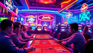 Menampilkan para pemain yang bersemangat dalam permainan suletoto alternatif di kasino yang meriah.