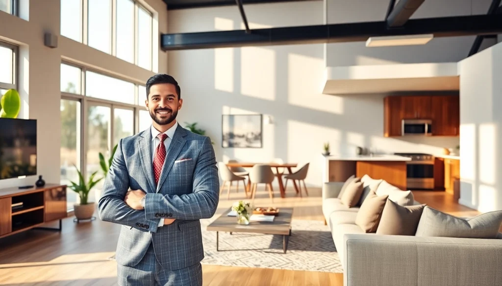Highlighting real estate features with a professional agent in a stylish, modern home interior