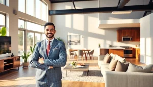 Highlighting real estate features with a professional agent in a stylish, modern home interior
