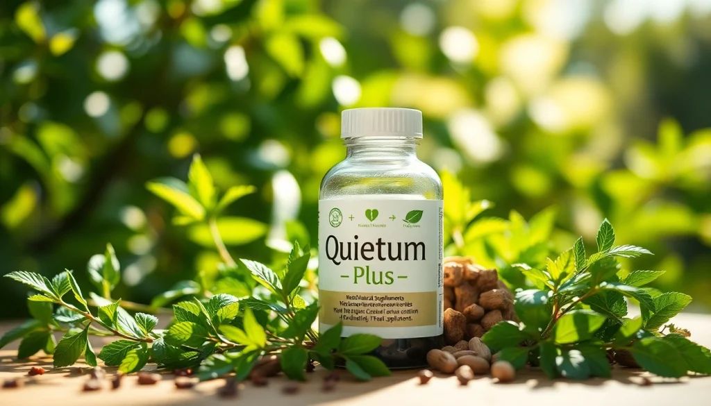 Showcasing Quietum Plus supplement bottle surrounded by natural herbs and plants.