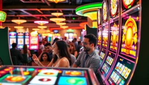 Putaran slot yang menarik dengan pemain bersemangat di kasino yang ramai.