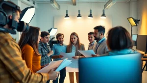 Creating impactful corporate video production with a dedicated team in a professional studio setting.