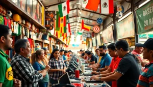 Bet enthusiasts exploring the best sports betting sites in Mexico at a vibrant marketplace.