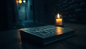 Engaging thriller book on a wooden table, surrounded by shadowy suspense vibes.