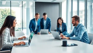 Collaborative team working on Business IT Solutions in a modern office to enhance productivity.