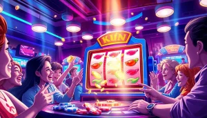 Permainan koi800 login game yang menarik dengan layar penuh warna dan pemain antusias di sekitarnya.