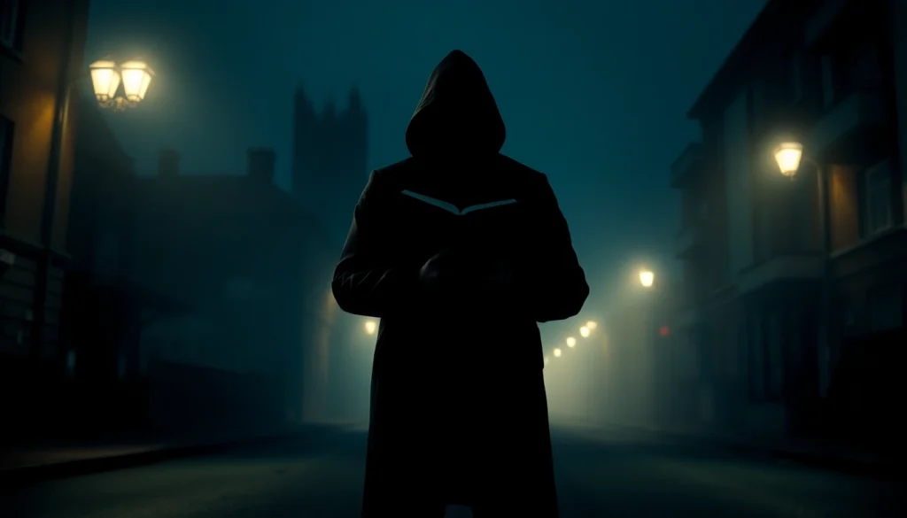 Engaging thriller book illustration with a mysterious figure and dark street setting