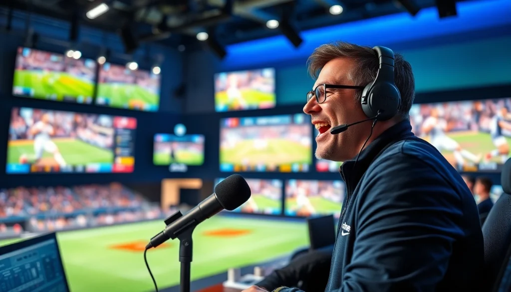 스포츠중계를 위한 현대 방송 스튜디오에서 열정적으로 이야기하는 스포츠 해설자