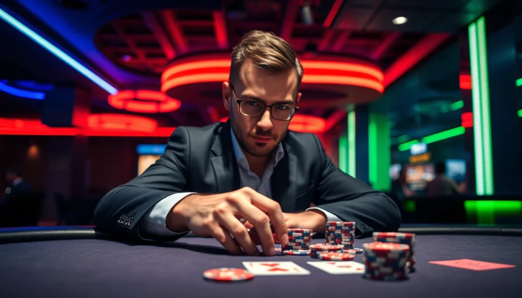Gambler at a table focusing on poker with MM88 chips stacked in front.
