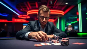 Gambler at a table focusing on poker with MM88 chips stacked in front.