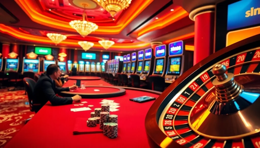 Experience mm88 excitement with players at a poker table amidst vibrant casino lights.